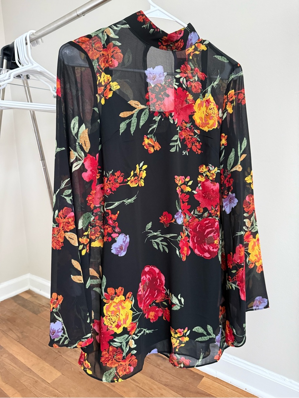 Black Floral Mock-Neck Long-Sleeve Dress